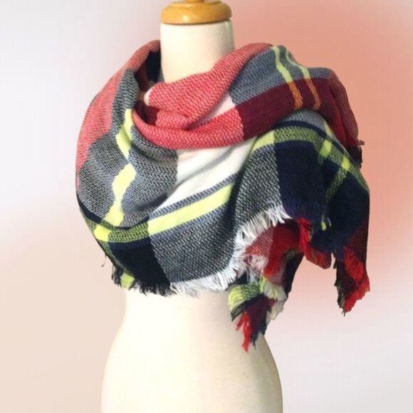 Large Square Plaid Fringed‎ Blanket Scarf Wrap - Picture 2 of 7